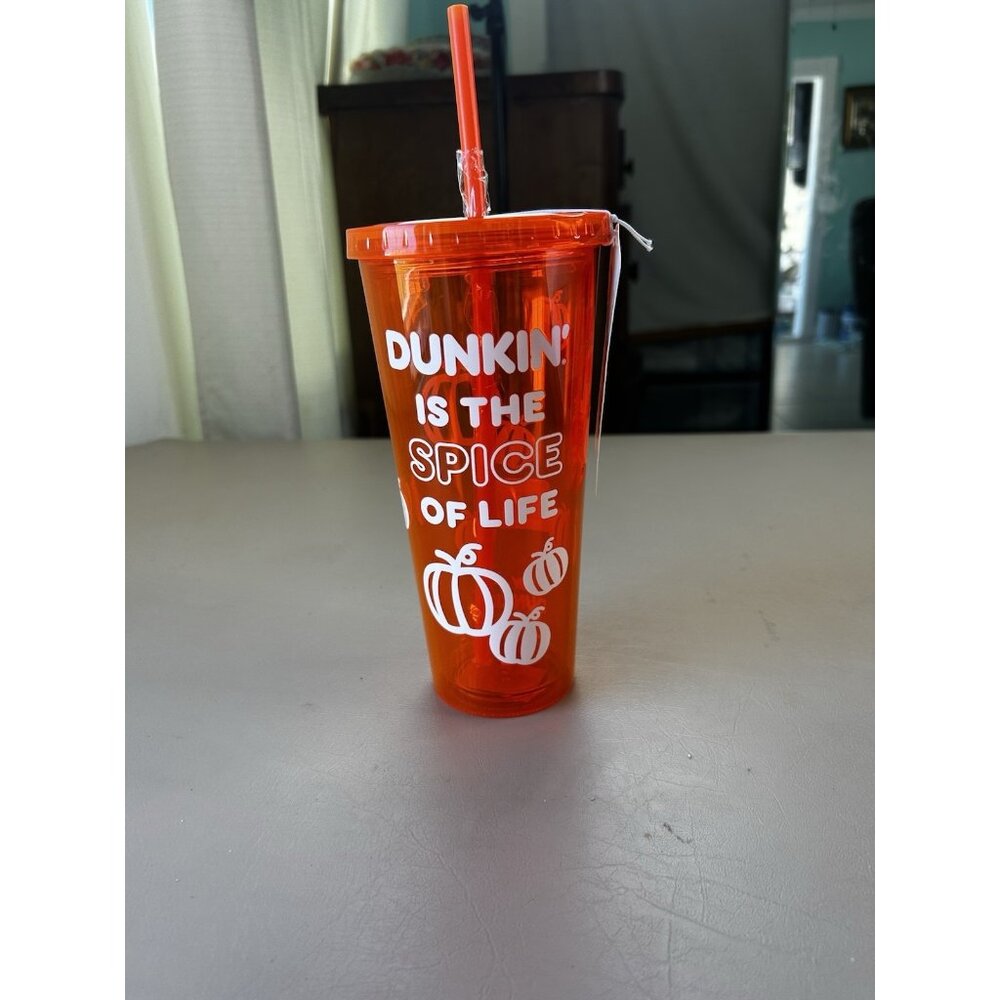 Dunkin Donuts Glow In The Dark Tumbler Cup Straw 24oz Orange Pumpkin Spice NWT - Picture 3 of 12